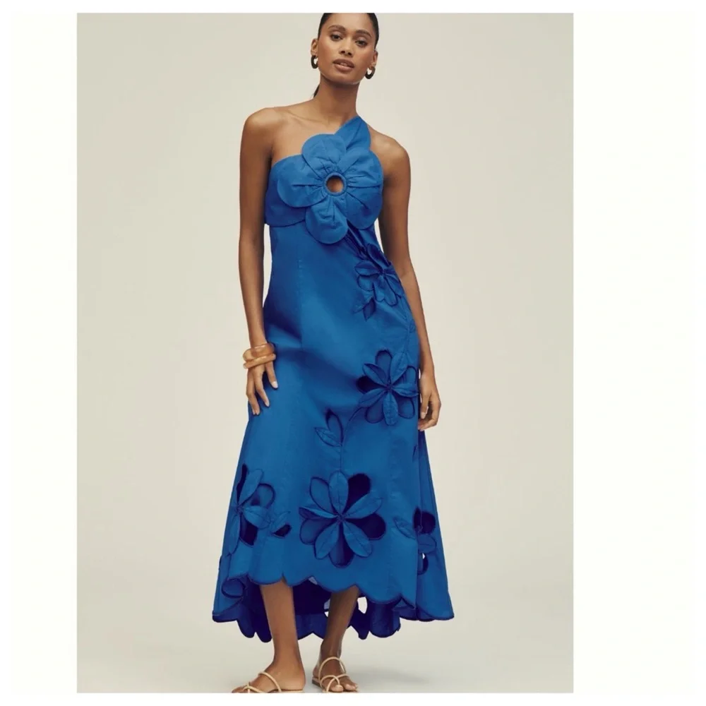 NWT Anthropologie One-Shoulder Cutwork Cutouts 3D Flower Blue Midi Dress - Picture 5 of 16